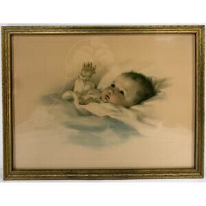 Vintage Bessie Pease Gutmann "Awakening"Baby Lithograph Framed‎ Print #664